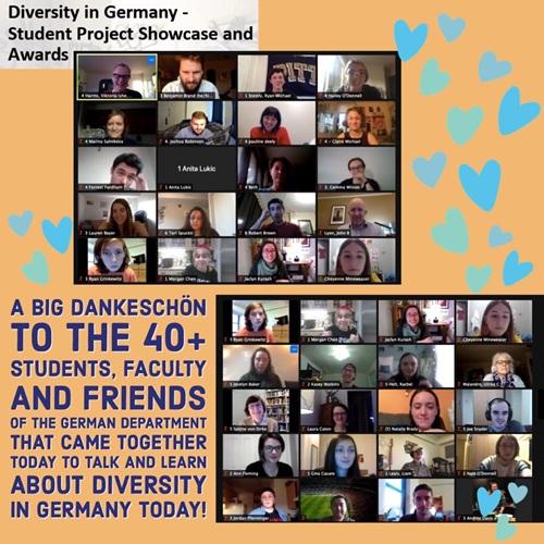 Screenshots of people on zoom meeting screens during the Diversity in Germany Student Project Showcase and Awards.