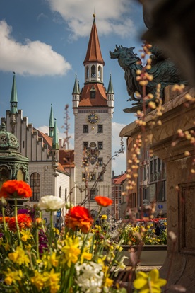 Gothic style buildings in Marienplatz, the central square in Munich.