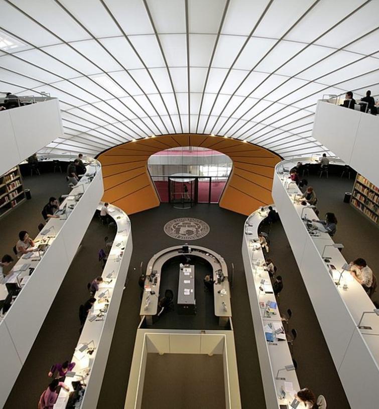 Aerial view of the inside of the Royal Library of the Black Diamond Building in Copenhagen.
