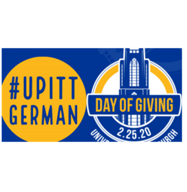 A blue and yellow banner that reads #upittgerman Day of Giving